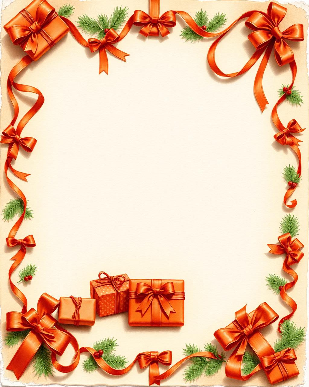 Painted gift boxes and ribbons framing the page