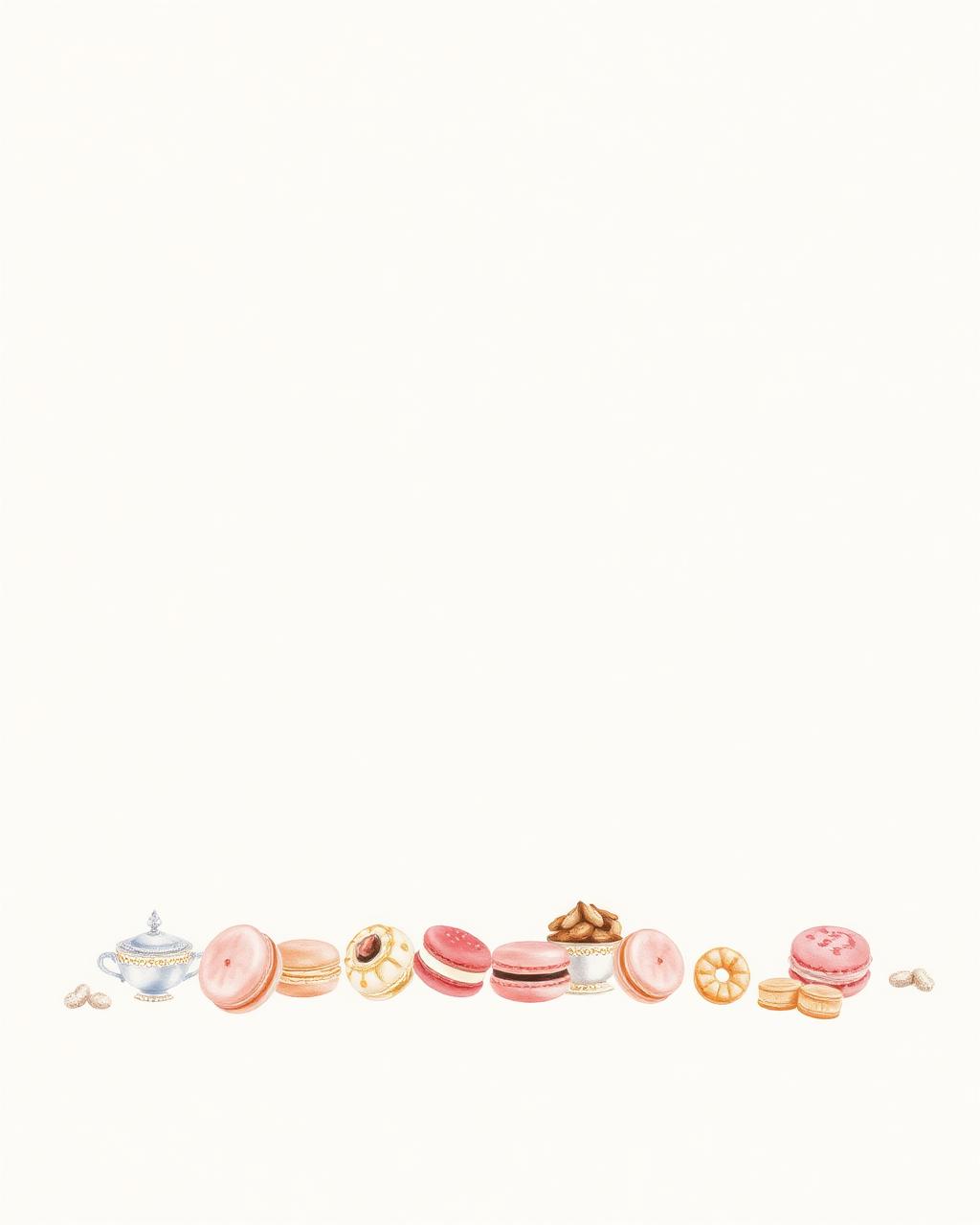 Watercolor macarons and teacups along the bottom edge